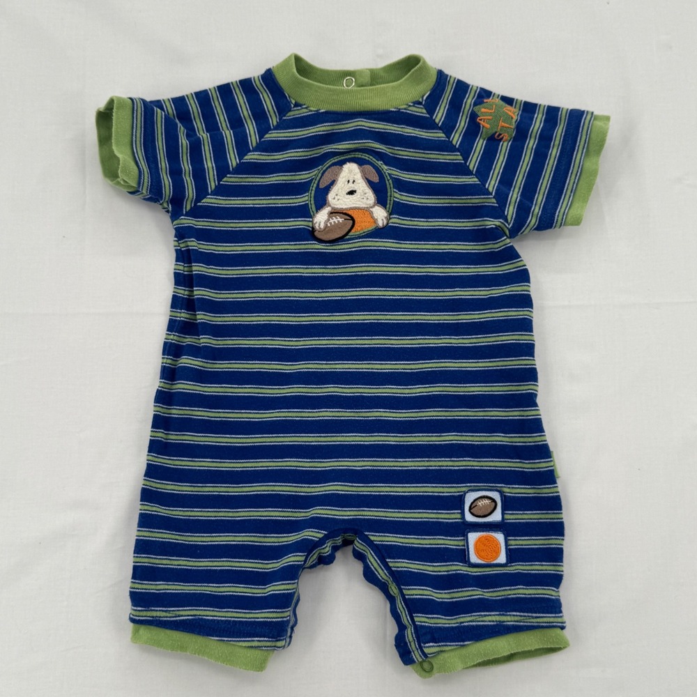 Vintage 90s Bright Future Baby Boy Romper 0-3 Months Striped Football Puppy Dog